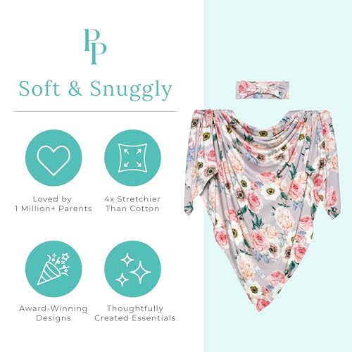 Image of Posh Peanut Swaddle Blanket & Headband Set - Viscose from Bamboo Stretchy Baby Swaddle for Newborn Girls, Receiving Blanket or Nursing Cover