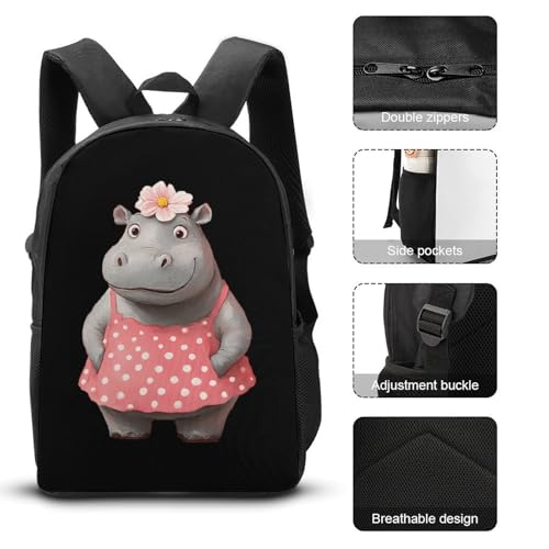 Hippopotamus With Polka Dot Skirt Flowers Large Travel Backpacks Carry on Backpack Weekender Bag with 2 Storage Pockets for Men And Women3