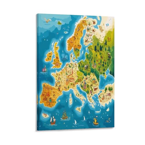 Carte d'Europe Murale Impression Premium sur Toile Décoration Fine Art