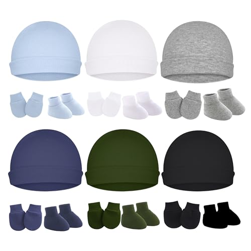 Image of ZURLEFY Cotton Baby Hats Mittens and Socks Set Unisex, Toddler No Scratch Mittens and Beanie Cap Infant Newborn Hospital Hat