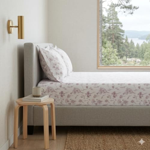 Image of Linen Home Cotton Percale Fitted Bedsheet Set SingleXL Size Floral Mauve