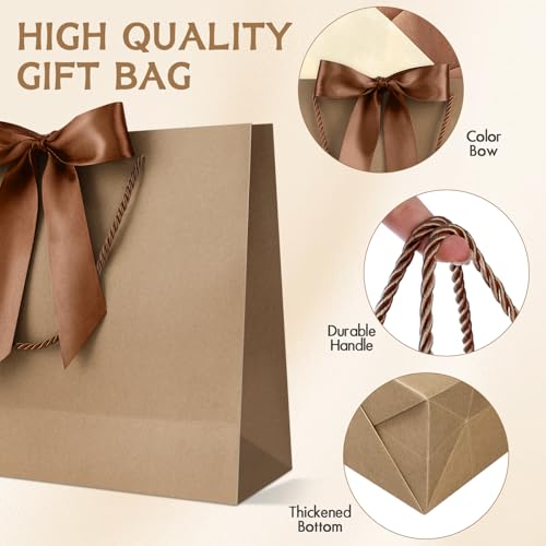 Image of JMANNI Gift Bags with Handles, 13 inch Medium Gift Bag for Presents, 8 Pcs Bags with 16 Tissue Paper and 8 Cards for Baby Shower Wedding Bridal Shower Mother's Day Birthday Party (brown