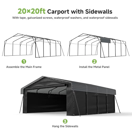 Image of 20x20FT Heavy Duty Metal Carport,Outdoor Garage with Removable Sidewalls & Doors, Heavy Duty Steel Frame and Galvanized Roof for Cars and Boats, Gray