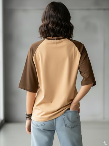 Image of LEOTUDE Oversized Half Sleeve Cottonblend Tshirt for Women, Round Neck Longline Printed Colour Blocked Baggie T-Shirt (Color: Beige)