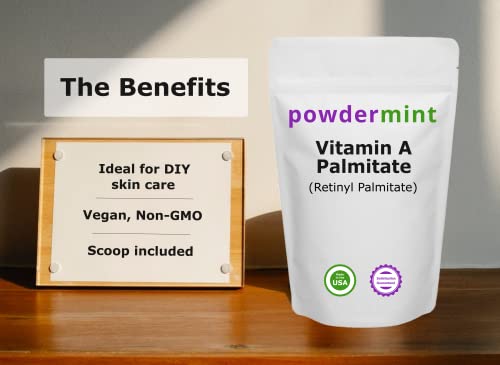 Powdermint Vitamin A Powder (Palmitate Powder, Retinyl Palmitate Powder, Retinol Powder) 15000 Iu (Multiple Sizes) Non-Gmo, Vegan, Wrinkle Reduction, Skin Health - Scoop Included (250 Grams) #TOP2
