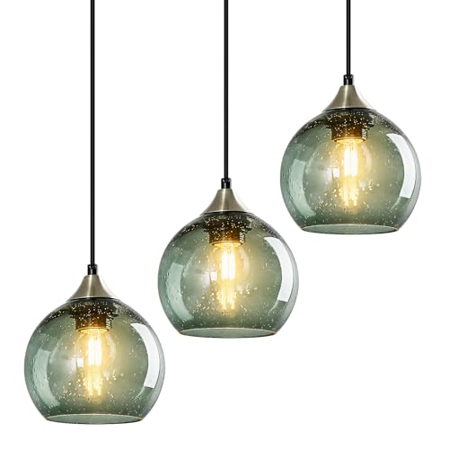 Image of Gray Green Glass Pendant Lights Kitchen Island Lighting Globe Pendant Light Fixtures Modern Pendant Lighting for Kitchen Island Bedroom Living Dining Room Light Fixture(5.9in, 3-Pack)