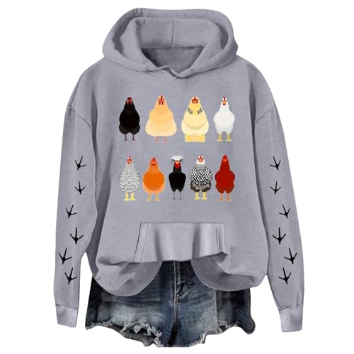 Image of Generisch Sweat Jacket Women's Casual Lightweight Loose Hoodie Sweatshirts Long Sleeve Chicken Graphic Printed Pullover Sweatshirts, Light grey, S