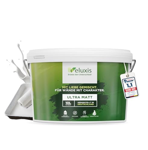 Veluxis Wandfarbe Weiß Matt Innenfarbe – Deckkraft Klasse 1, VOC-frei, Ohne Grundierung, Tropfarm – Wohnzimmer & Schlafzimmer – 10L (Pure White)