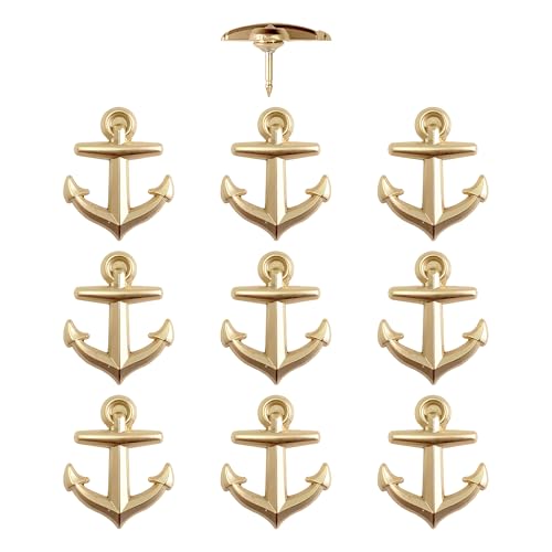 Image of Anchor Push Pins - Gold Metal Anchor Pins - for Cork Board, Maps, or Lapel Pin Use - Designed in USA - Set of 10