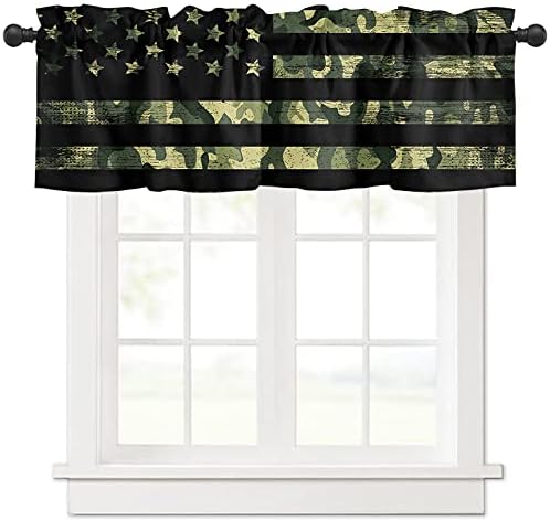 LiDU Rustic Camouflage American Flag Curtain Valances Windows 18 Inch Length, Stars Stripes Panel Rod Pocket Curtains, Military Kitchen Curtain Front and Back Door Bedroom Bathroom, 54inchx18inch