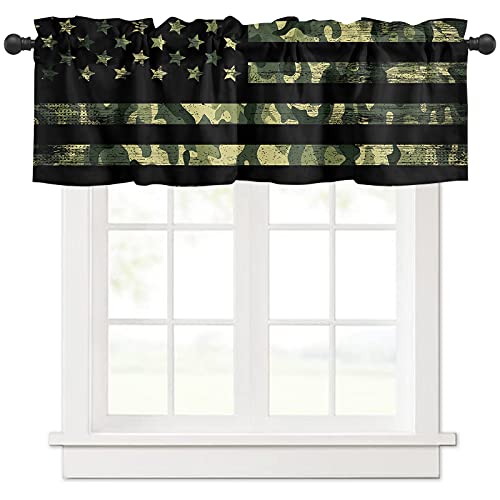 Camouflage American Flag Kitchen Valance Curtains,Independence Day Window Valances Rod Pocket Drapes,Vintage Black Green Stripe Short Curtain Valances For Windows Cafe,Bathroom,Living Room 54X18In #TOP26