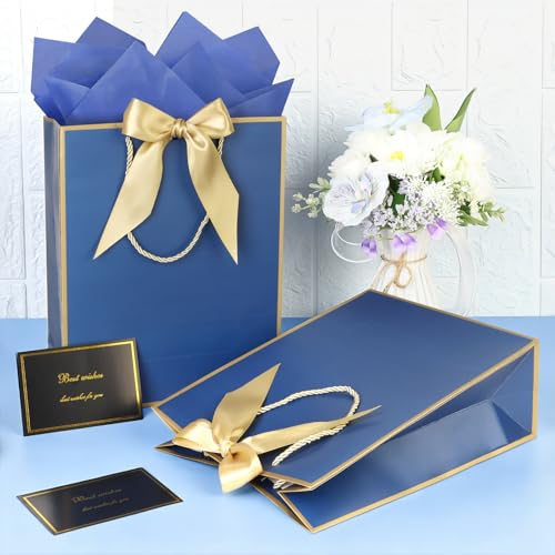 Image of JMANNI Gift Bag, 2PCS Gift Bags with Ribbon and 2 Greeting Cards 4 Tissue Paper, Portable Paper Gift Bag with Handles, Birthday Gift Bags,Present Bags for Wedding Party Mothers Day(Blue)