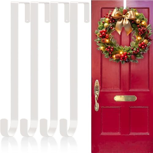 HiGift 12 Wreath Hangers for Front Door 4 Pack White Over The Door Wreath Hanger Hooks Christmas Wreath Hanger Holder Metal Door Hooks for Hanging Christmas Front or Back Door Reef Decoration