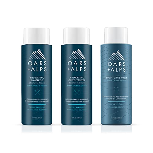 Oars + Alps Mens Sulfate Free Hair Shampoo, Conditioner, and Body Wash Kit, Hair and Skin Care Infused with Kelp and Algae Extracts, Fresh Ocean Splash Scent (FOS-SH-BB)
