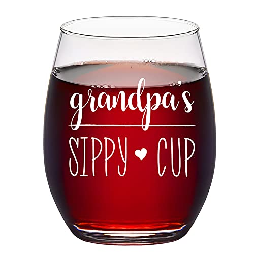Funny Grandpa Wine Glass Gift, Grandpaâ€™ s Sippy Cup Stemless Wine Glass, Ideal Birthday, Christmas, Fatherâ€™s Day Gifts for Grandfather, New Grandpa, Grandpa to be from Wife Grandchildren Son, 15Oz