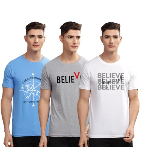 Image of ADRO 100% Cotton Lycra Tshirts for Men Combo Pack of 3 | Regular Fit | Printed T Shirt | Round Neck Half Sleeve| Mens Tshirts