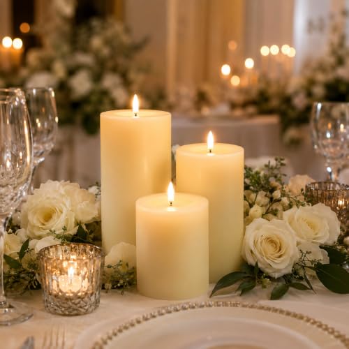 Image of JHY DESIGN Flickering Flameless Candles Battery Operated with 10-Key Remote & 2 /4 /6 /8-Hour Timer, Real Wax Pillar Grease Effect LED Candles Set for Chrismas /Home Decorations(Ivory)