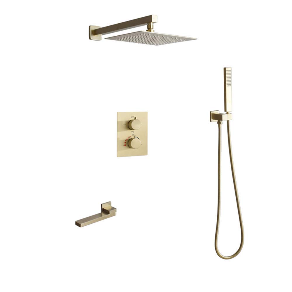 AYCDL Thermostatic Rain Brushed Gold Rain Mixer Shower Combo Set Wall Mounted Bathroom Shower Faucet Set with Shower Head, Handheld Shower, Swivel Tub Spout, Embedded,size_name-10 Inches