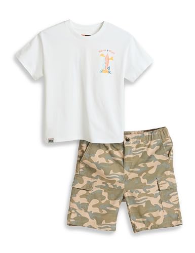 Image of Amazon Brand - Symbol Boy's Graphic Print Oversized Fit T-Shirt and Cargo Shorts (KD-TSB-SS25-10 (6-14 yrs) White + Khaki Camo 10-12 Y)