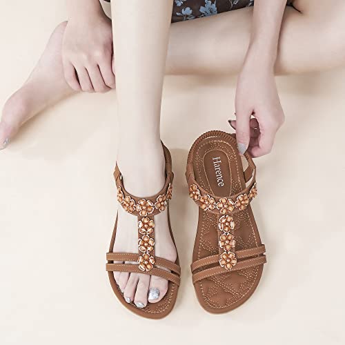 Image of HARENCE Summer Flat Sandals for Women: Comfortable Bohemian Beaded Flats Shoes Elastic Ankle Strap Casual Walking Slip On Dress Sandal