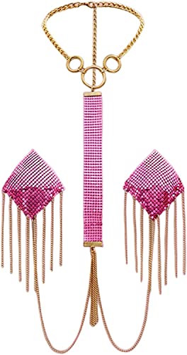ELizoop Shiny Metal Sequin Tassel Nipple Cover with Choker, Resuable Adhesive Square Shape Breast Petals Pasties Sexy Body Chain for Rave Festival, Pink (A,One Size) Cover