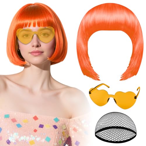 Orange Perücke mit Herz-Sonnenbrille und Haarkappe für Damen PLULON Kurze Bob-Perücken synthetisch gefärbt lustige Cosplay-Haarteile für Damen und Herren tägliche Halloween-Kostümparty