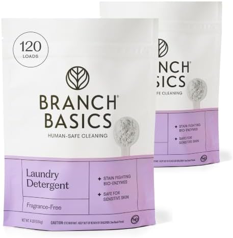 Branch Basics Laundry Detergent – 2 Pack, 4lbs per | Plant & Mineral-Based Formula | Lifts Stains & Removes Odor | Plastic-Free, Fragrance-Free & Safe for Sensitive Skin