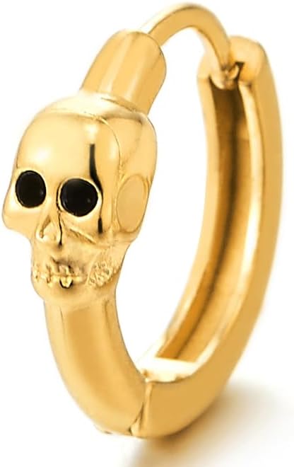 Mens Women Gold Skull Hoop Earrings, Stainless Steel Huggie Hoops, Gothic Punk Style Jewelry - Image 2
