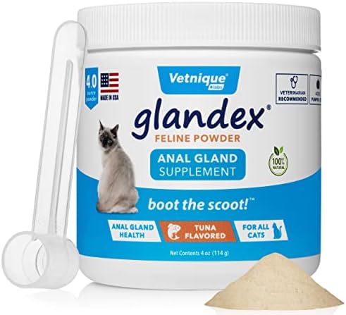 VETNIQUE LABS Glandex Feline Anal Gland Fiber Supplement Powder for Cats with Digestive Enzyme, Probiotics and Pumpkin, Vet Recommended for Healthy Bowels – Tuna Flavored 4.0 oz, Scoop Included