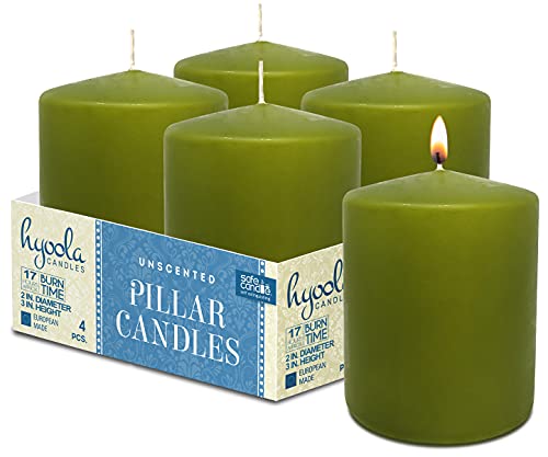 Hyoola Olive Green Pillar Candles 2x3 Inch - 4 Pack Unscented Pillar Candles Bulk - European Made