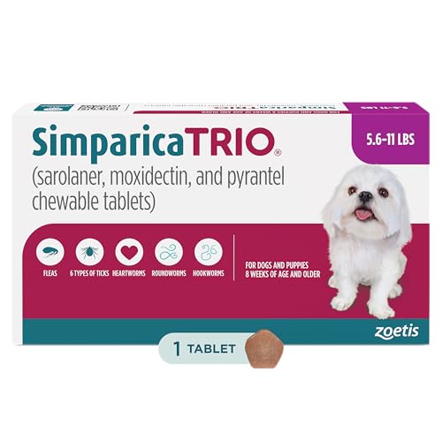 Simparica Trio (sarolaner, moxidectin, and pyrantel chewable Tablets) Chewables for Dogs, 6 mg/tab, 5.6-11 lbs, (Purple), 1 Tablet