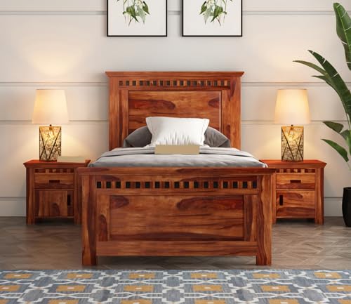 Image of ONIJA Single Sheesham WoodBed for Bedroom | Sheesham Wood Beds | Solid Wood cot| Bed for Home | Bed Without Storage| Single Size | Beds for Living Room | Bedroom Furniture(Adolph,Honey Finish)