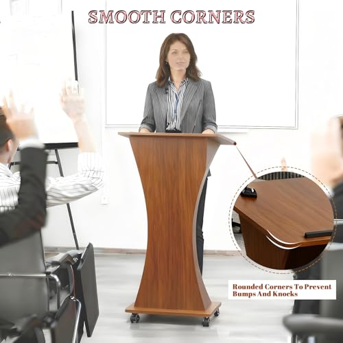 Image of Portable Mobile Wooden Podium Stand with Lockable Wheels, Lightweight 42.5 inch Rolling Lectern for Churches, Ideal for Presentations, Events, and Public Speaking