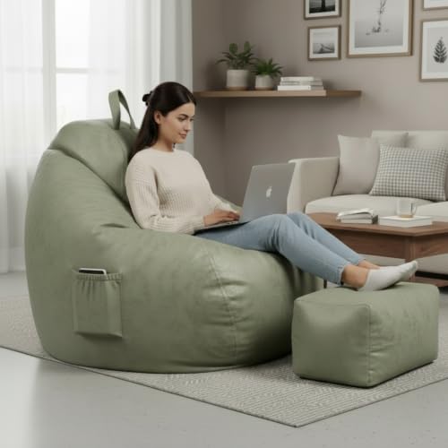 Image of 5XL Suede Bean Bag Chair with Footrest & Cushion | Filled with High Density Polystyrene Beans | Premium Soft Fabric | Teardrop Design with Handle | Ready to Use Color- (GREEN, Bean Bag Set)