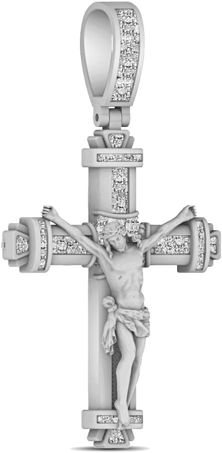 Real Genuine Authentic Natural Diamonds 0.60 Cwt. 14K Gold Finish Jesus Christ Crucifix Cross Crown Of Thorns Pendant Charm Chain Neckless 2.50 Inch.