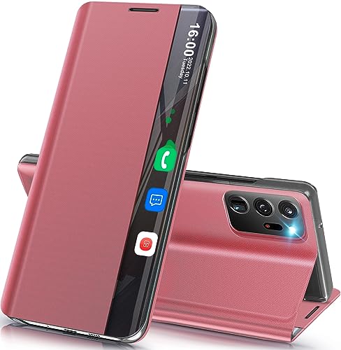Qissy for Samsung Note 20 Ultra 5G Smart Window Kickstand Flip Case - Slim, Hard PC Leather Luxury Cover (Pink)