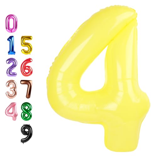 Image of 4 Balloon 40 inch Yellow Number Balloons for 4th Birthday Party Decorations | Saturated Color, Large 40 inch, With Inflation Straw & Hanging Holes, Great for Thanksgiving, Labor Day, Vintage Theme Party