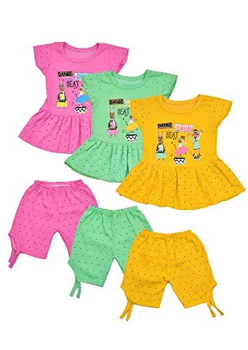 Image of Baby Girls Summer Dress New Born Baby Dress Suit Printed Cotton Top & Capri (Pack of 6 (3 Tops + 3 Shorts) Size 0 Months up to 12 Months (3-6 Months)