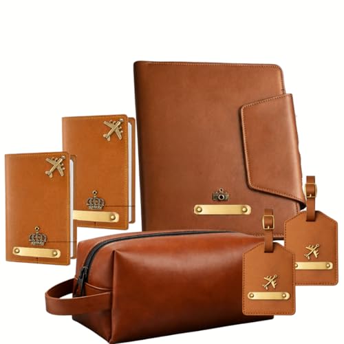 Image of Vegan Leather Family Travel Gift Set, Tan, Large Travel Organizer, Medium Pouch, 2 Passport Covers, 2 Luggage Tags in Gift Box (Tan)