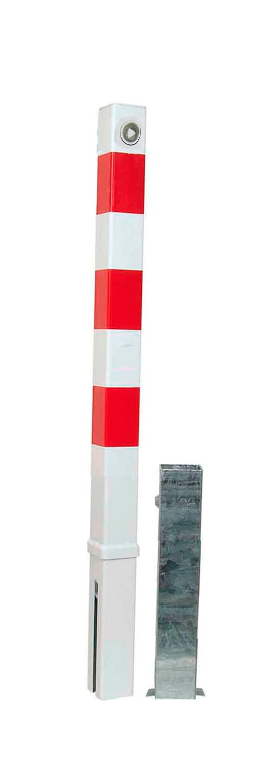 UvV Absperrpfosten Stahl 900 x 70x70 mm, mit DIN Dreikantverschluss herausnehmbar, Pulverbeschichtet, 3 rot reflektierende Streifen, Bodenhülse