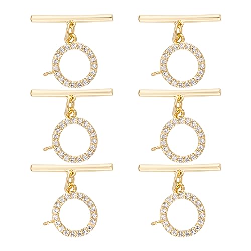 BENECREAT 6 Sets Real 18k Gold Plated Cubic Zirconia Toggle Clasps, Brass Micro Set Clear Cubic Zirconia Toggle Clasps for Making Necklace Bracelet and Other Jewelry