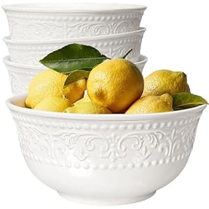 Large Salad Bowls Set of 4-60oz White Serving Bowls Embossed Ceramic Mixing Bowls, 8 inch Deep Soup Bowl for Kitchen, Eating, Ramen, Pasta, Dishwasher & Microwave Safe (Brocade Flower)