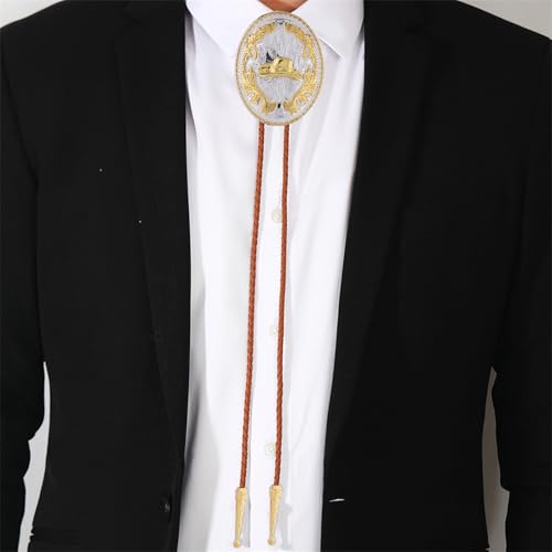 Image of GelConnie Brown Bolo Tie for Men Women Western Ties Mens Gold Bolo Tie Rodeo Cowboy Leather Necktie Cowgirl Tie Wedding