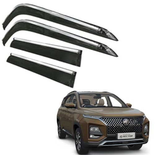 Image of CAR SAAZ Side Door Visors for MG Hector Plus (2023-Present)(Set of 4Pcs)|Chrome Lined Rain Guards, Polycarbonate, Smoke Finish