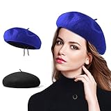 Raylarnia Beret Hat Of French Vintage Style, Solid Color Hat 15colors, Elegant Soft Stretch Wool Cap, Lightweight Classic Boinas Winter Beanie-Black/Royal Blue