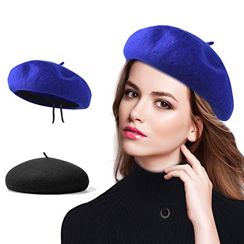 Beret Hat of French Vintage Style, Solid Color Hat 15colors, Elegant Soft Stretch Wool Cap, Lightweight Classic Boinas Winter Beanie-Black/Royal Blue