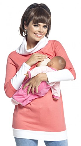 Zeta Ville Mujer Sudadera Premamá de Lactancia en Algodón 348 (Coral & Blanco, 40-42, XL)