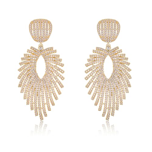 S925 Sterling Silver Posts Leaf Dangle Cubic Zirconia Earrings for Women Large Crystal Drop Hypoallergenic Earrings Fine Jewelry Gift for Wedding Prom Party