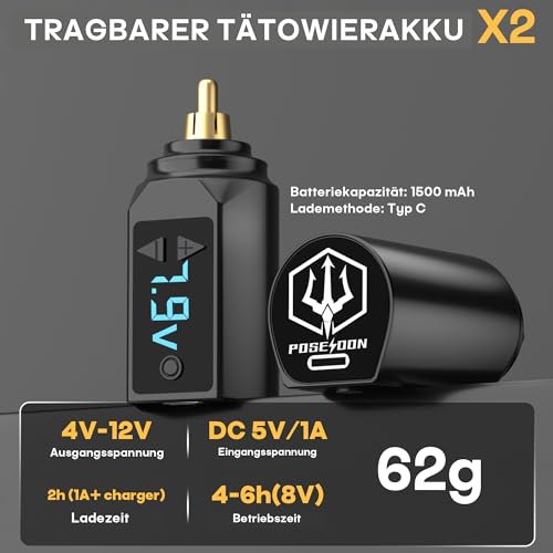 POSEIDON Wireless Tattoo Maschinen Set mit 20 Tattoo-Kartuschennadeln, Tintenset & 2 Akkus | Professionelles Tattoo-Gerät für Anfänger | Komplettes Starter-Set (HM122)