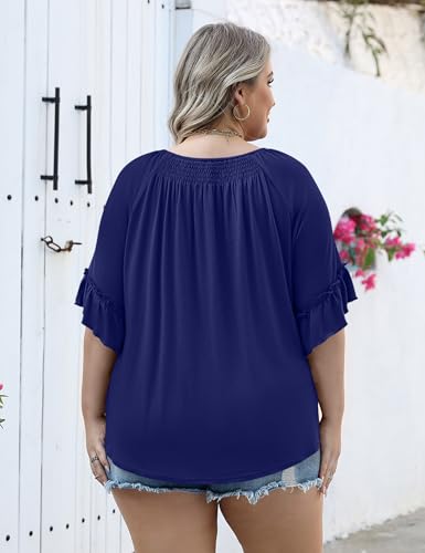 Image of Micoson Womens Plus Size Tops 3 /4 Ruffle Sleeve Crewneck Pleated Shirts